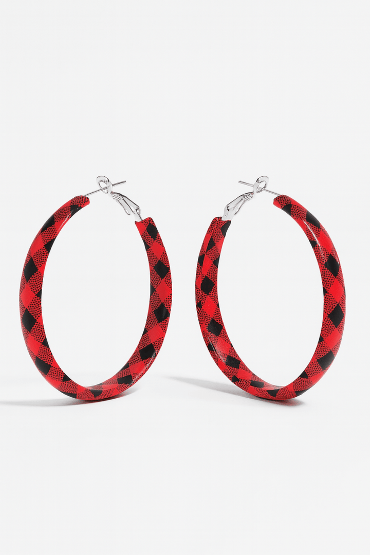 Earrings Plaid Red PU Leather Fall Hoop Statement Pair - AMVIM