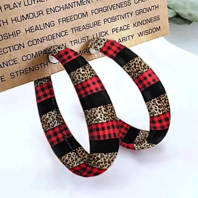 Earrings Plaid Red PU Leather Fall Hoop Statement Pair - AMVIM