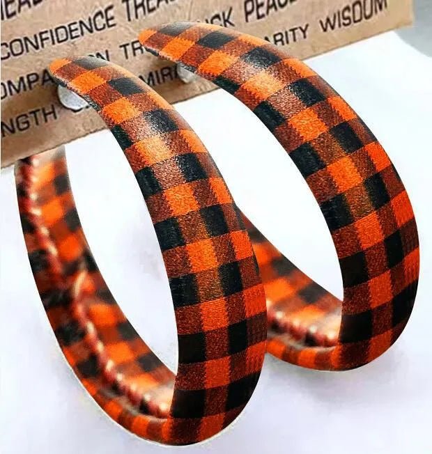 Earrings Plaid Red PU Leather Fall Hoop Statement Pair - AMVIM