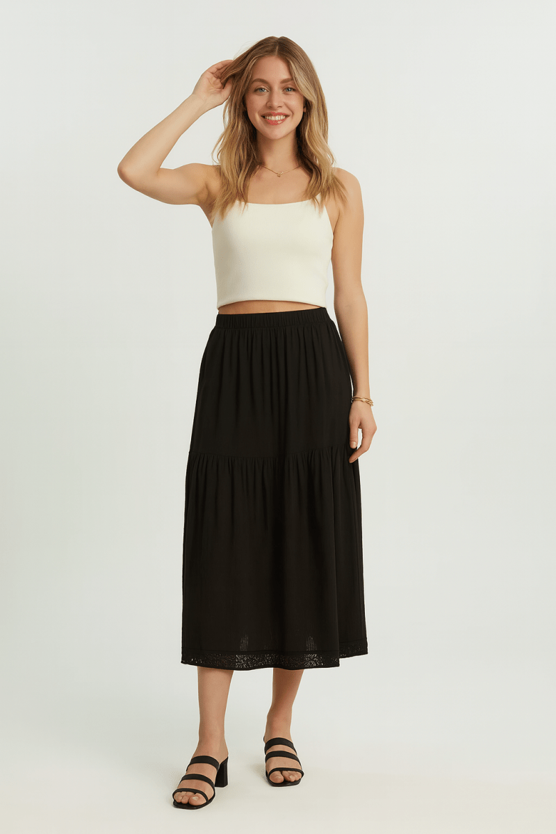 Elastic Waistband Tiered Midi Skirt – Flowy Cotton Comfort - AMVIM