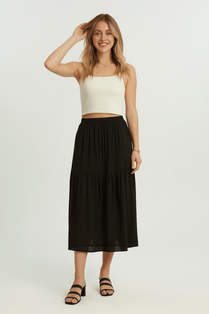 Elastic Waistband Tiered Midi Skirt – Flowy Cotton Comfort - AMVIM