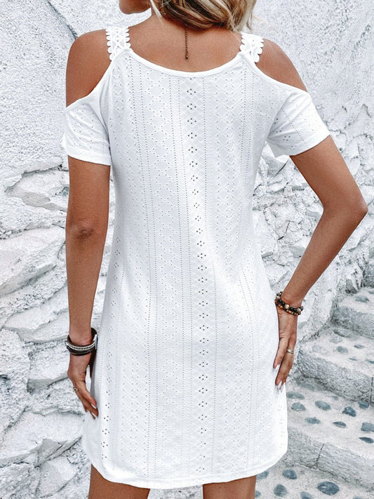 Eyelet V - Neck Cold Shoulder Mini Dress - AMVIM