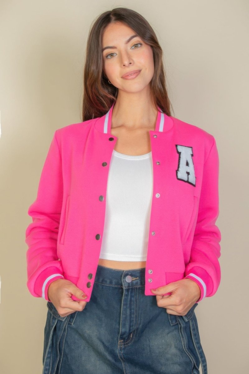 Ezwear Letter Patched Crop Varsity Jacket - AMVIM