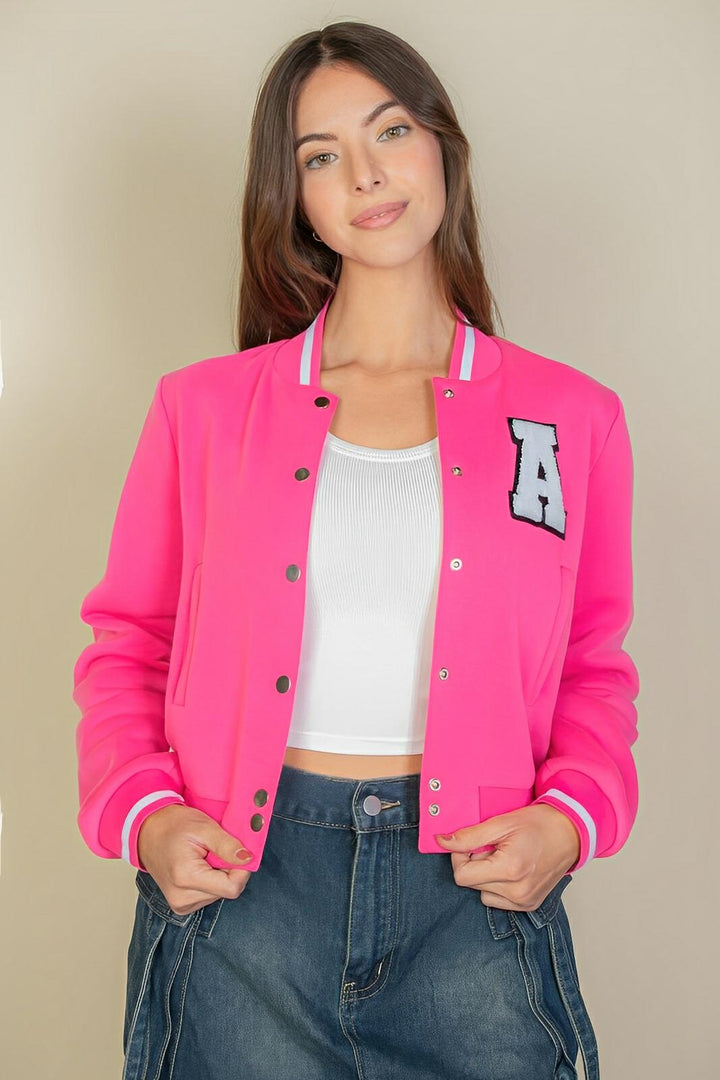 Ezwear Letter Patched Crop Varsity Jacket - AMVIM
