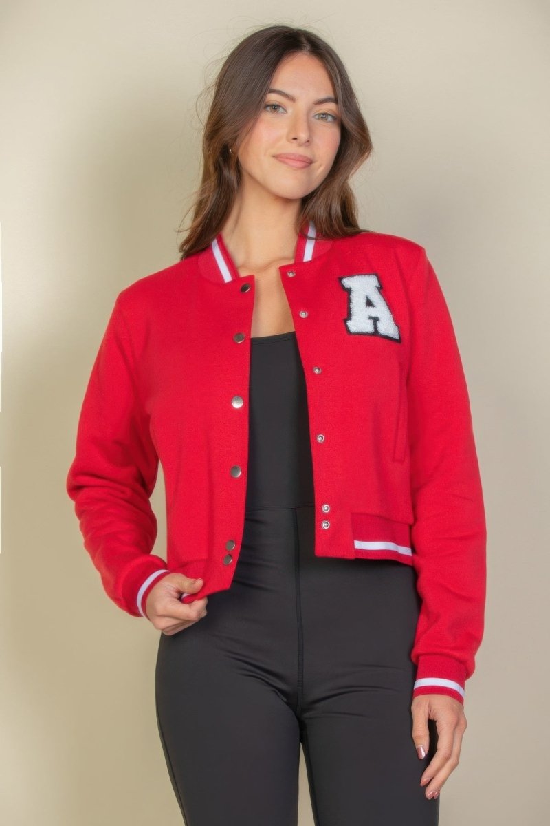 Ezwear Letter Patched Crop Varsity Jacket - AMVIM