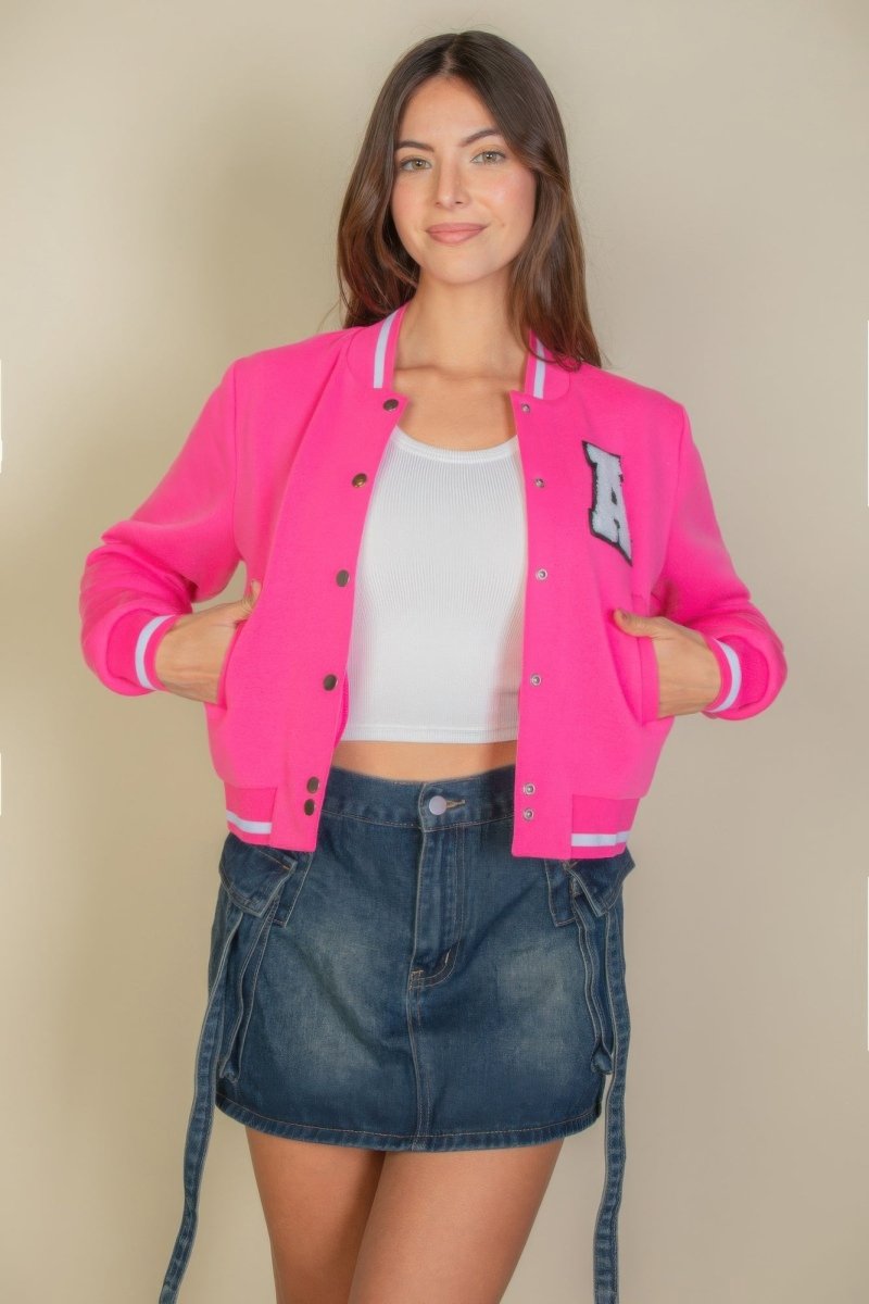 Ezwear Letter Patched Crop Varsity Jacket - AMVIM