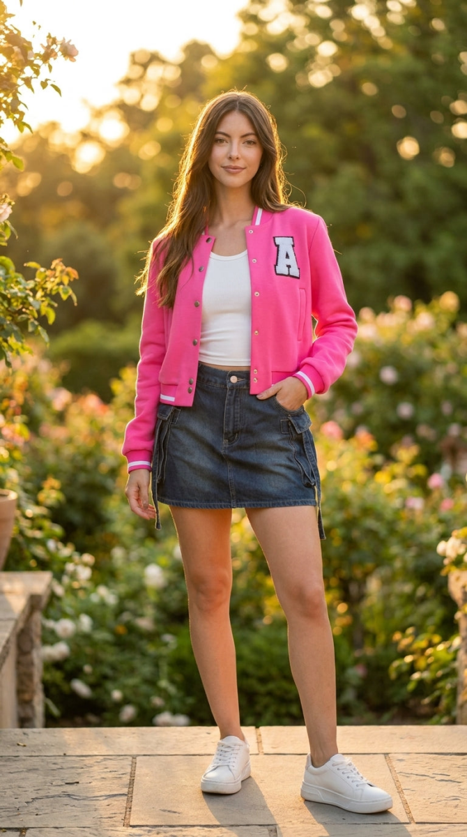 Ezwear Letter Patched Crop Varsity Jacket - AMVIM