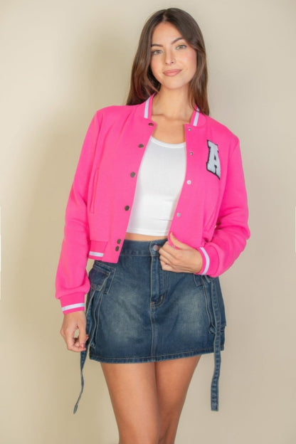 Ezwear Letter Patched Crop Varsity Jacket - AMVIM