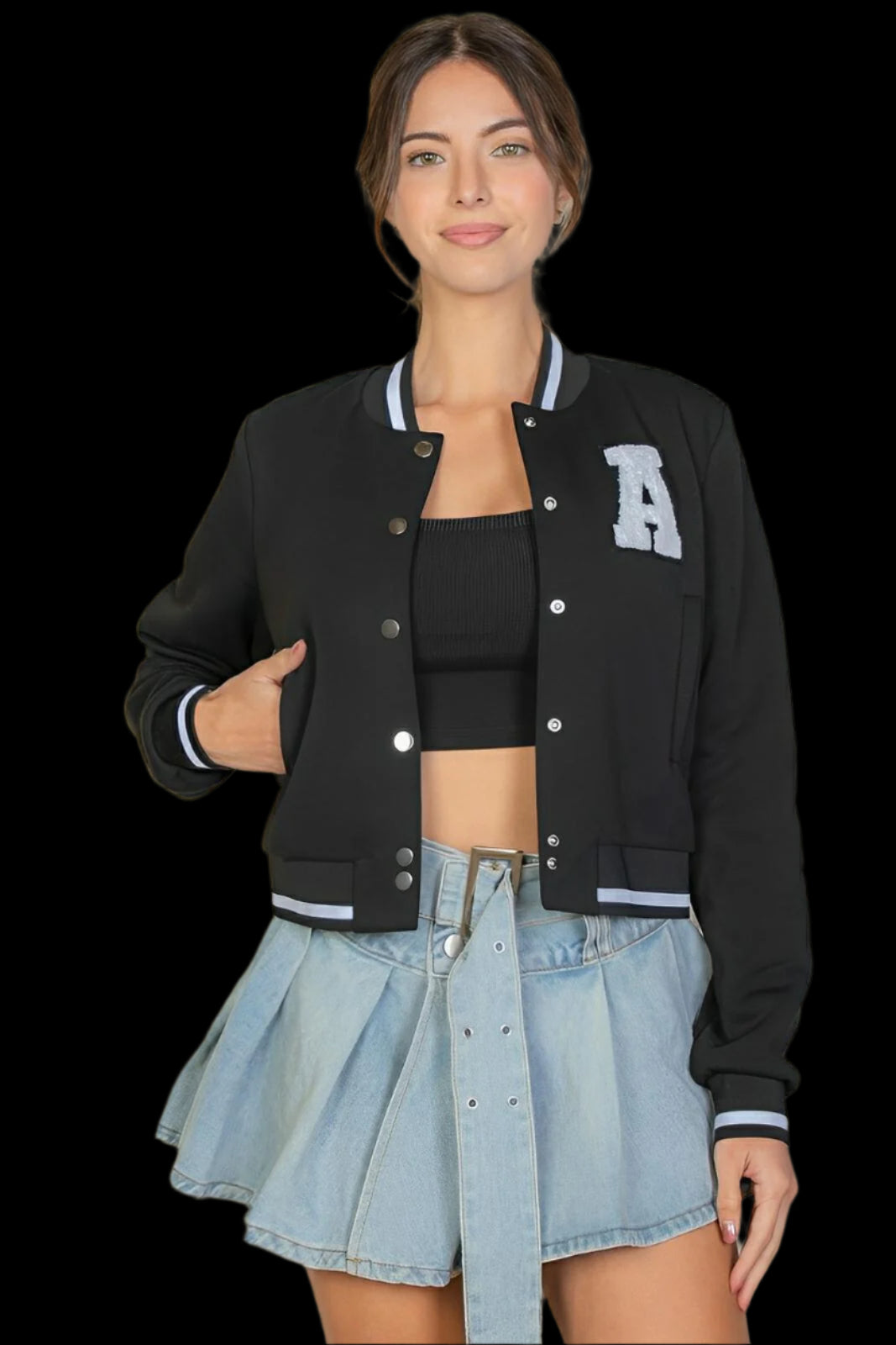 Ezwear Letter Patched Crop Varsity Jacket - AMVIM