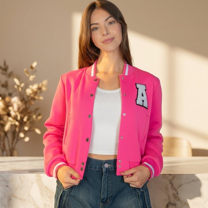 Ezwear Letter Patched Crop Varsity Jacket - AMVIM