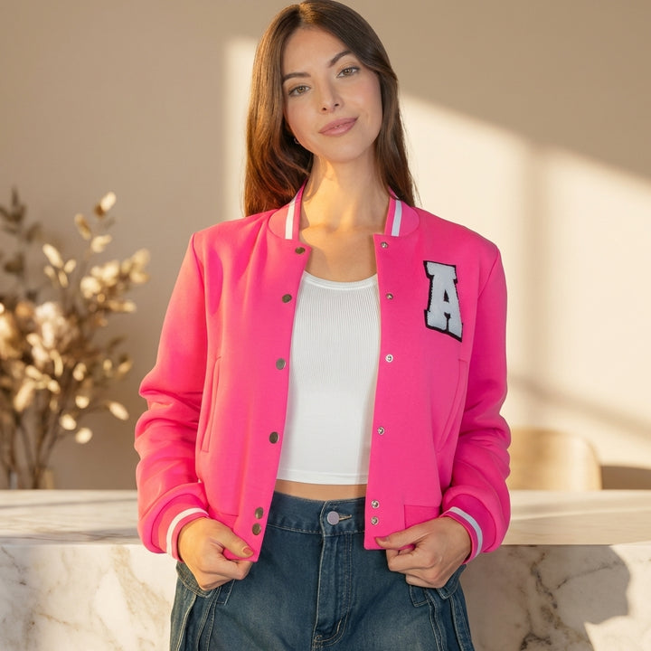 Ezwear Letter Patched Crop Varsity Jacket