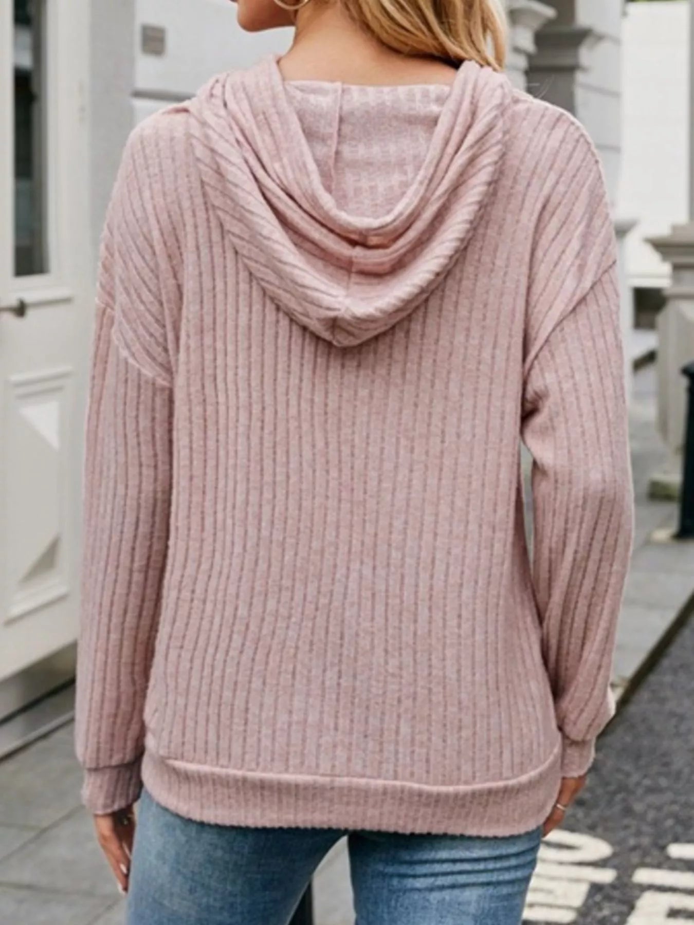 AMVIM - Ribbed Knit Hoodie Black Drawstring Pocketed 100% Polyester