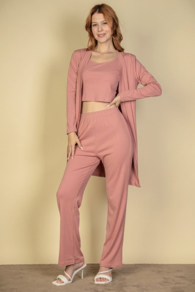 Flat Back Rib 3 Pieces Cami Top With Pants And Long Cardigan Set - AMVIM