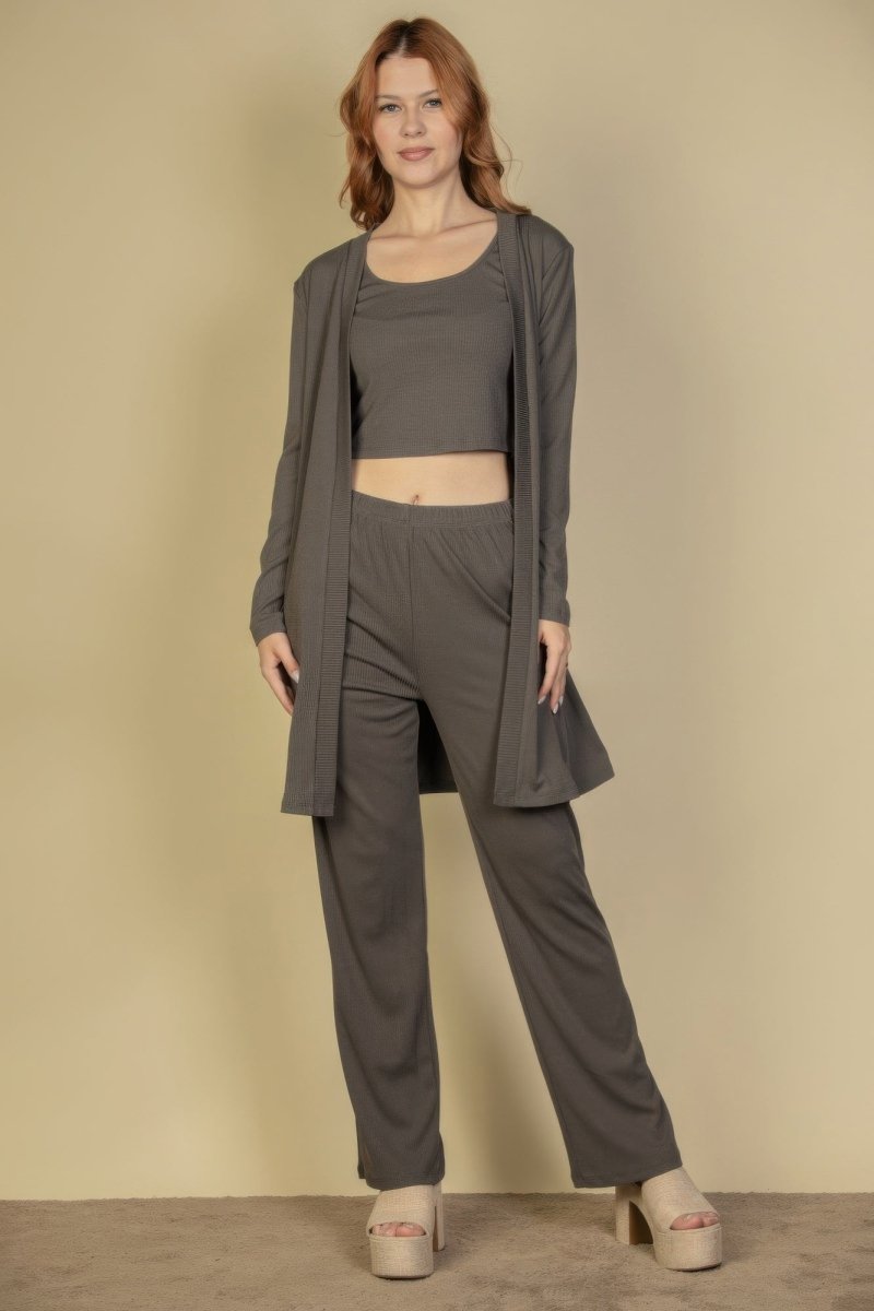 Flat Back Rib 3 Pieces Cami Top With Pants And Long Cardigan Set - AMVIM