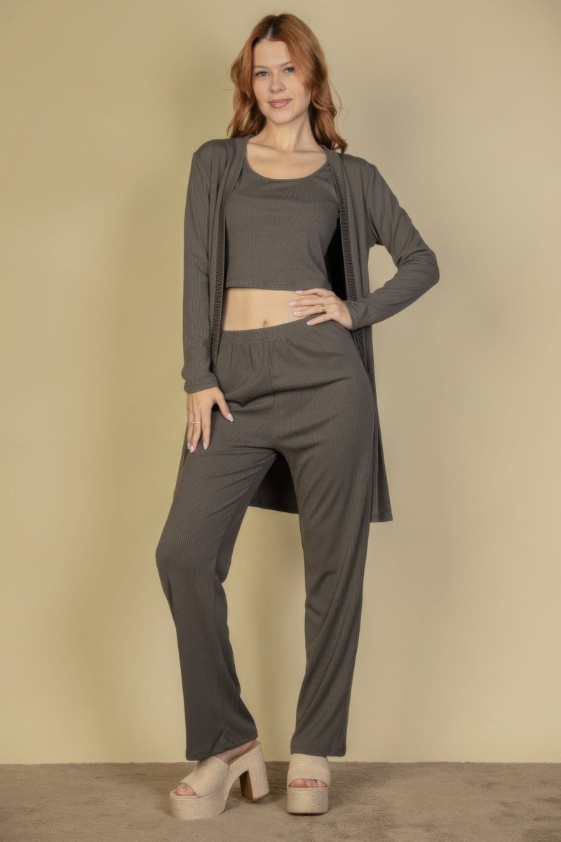 Flat Back Rib 3 Pieces Cami Top With Pants And Long Cardigan Set - AMVIM