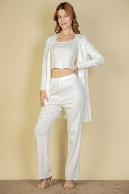 Flat Back Rib 3 Pieces Cami Top With Pants And Long Cardigan Set - AMVIM