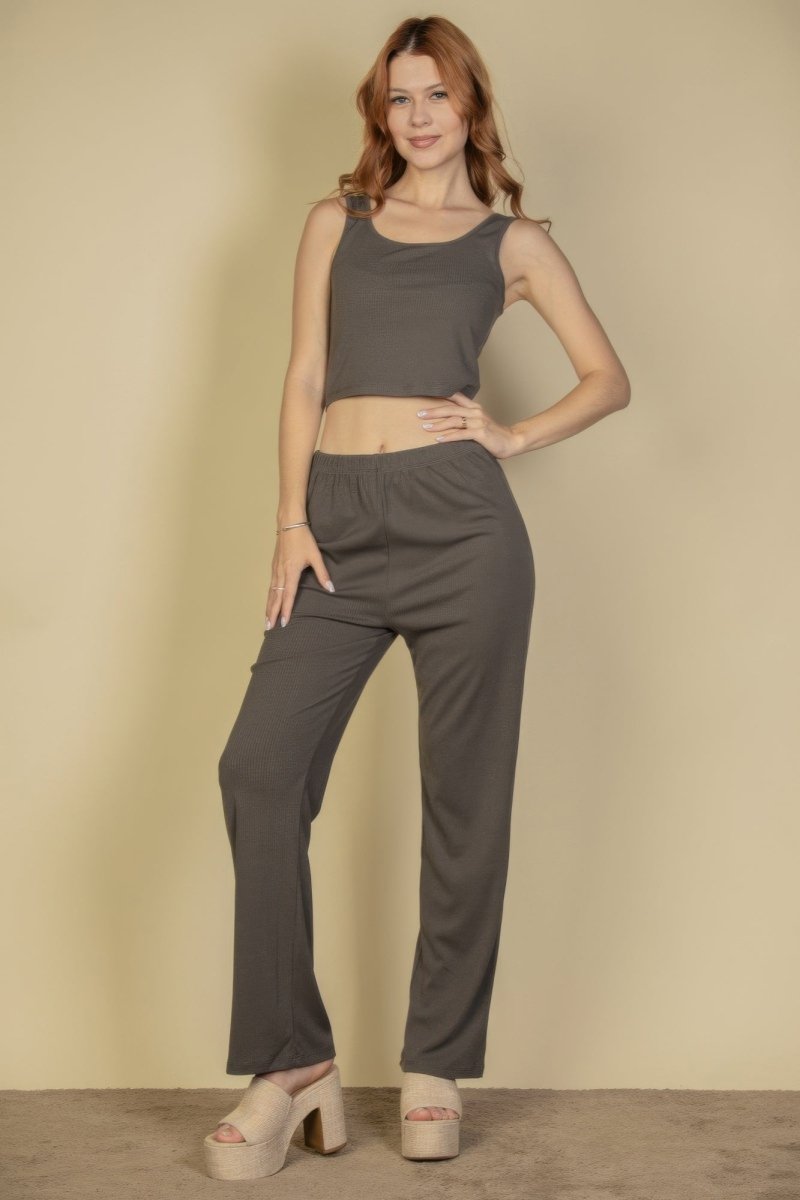 Flat Back Rib 3 Pieces Cami Top With Pants And Long Cardigan Set - AMVIM