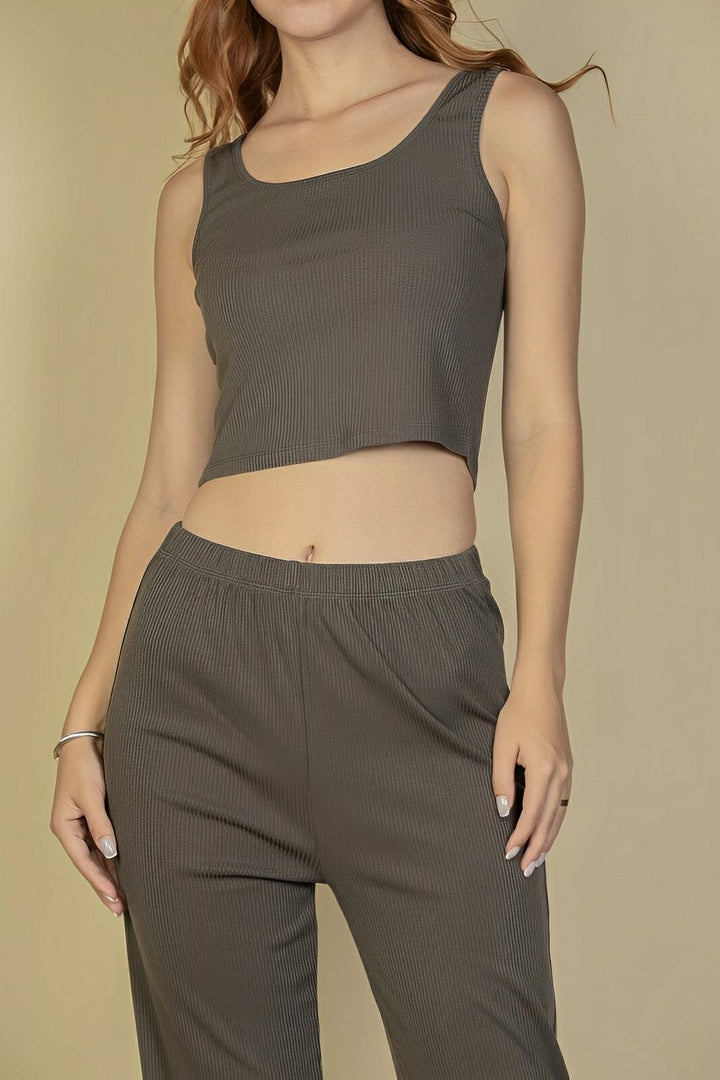 Flat Back Rib 3 Pieces Cami Top With Pants And Long Cardigan Set - AMVIM