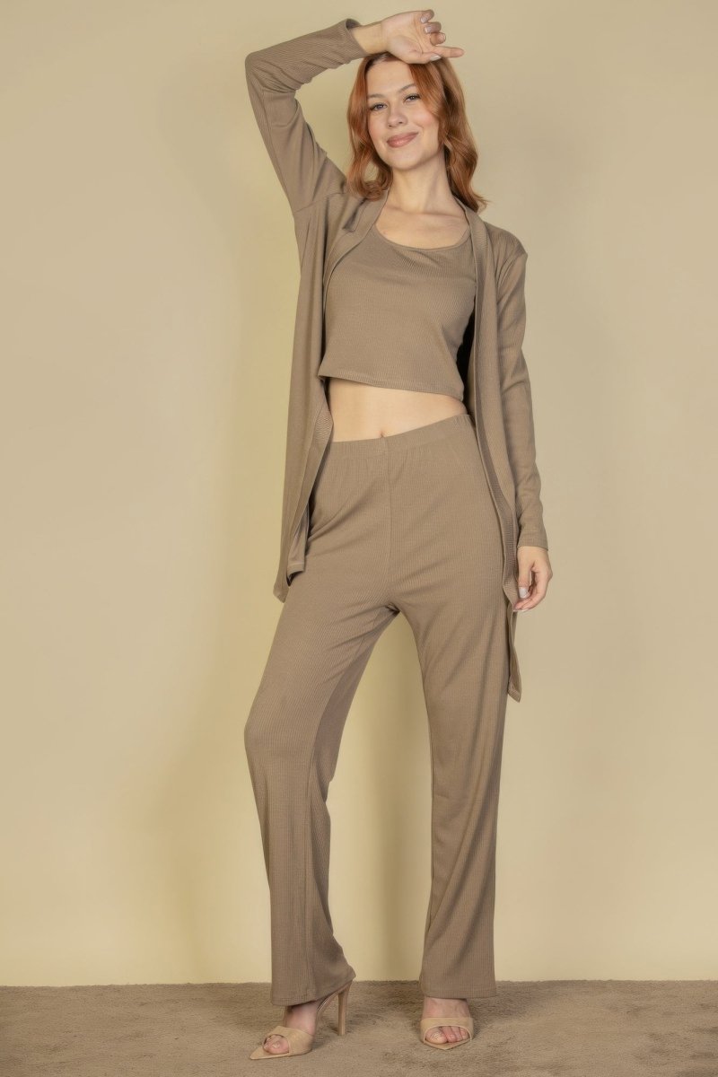 Flat Back Rib 3 Pieces Cami Top With Pants And Long Cardigan Set - AMVIM