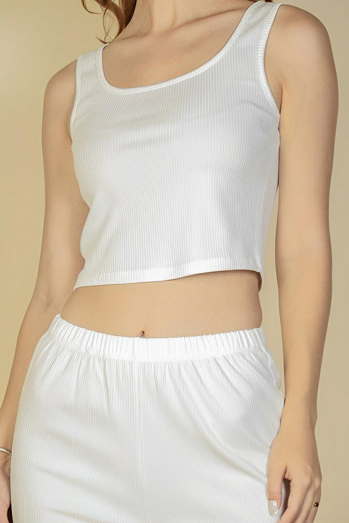 Flat Back Rib 3 Pieces Cami Top With Pants And Long Cardigan Set - AMVIM