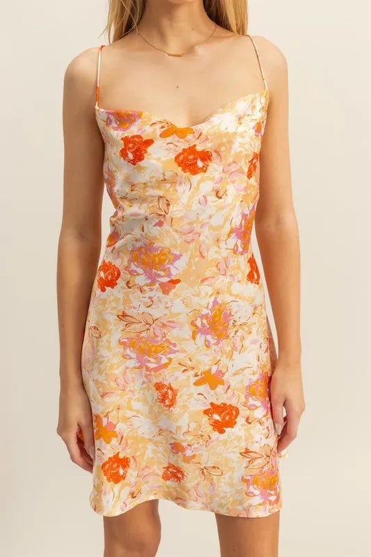 Floral Cowl Neck Flirty Satin Mini Dress - AMVIM