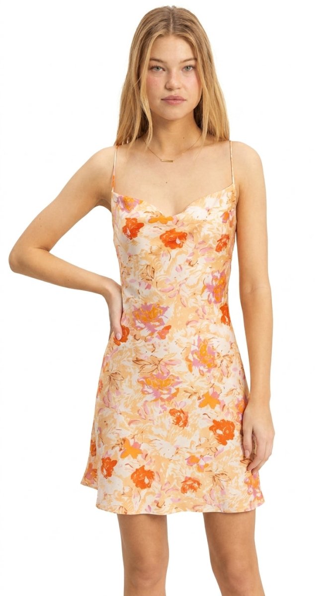 Floral Cowl Neck Flirty Satin Mini Dress - AMVIM