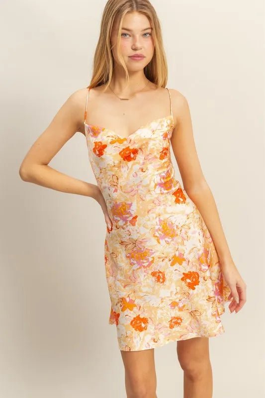 Floral Cowl Neck Flirty Satin Mini Dress - AMVIM