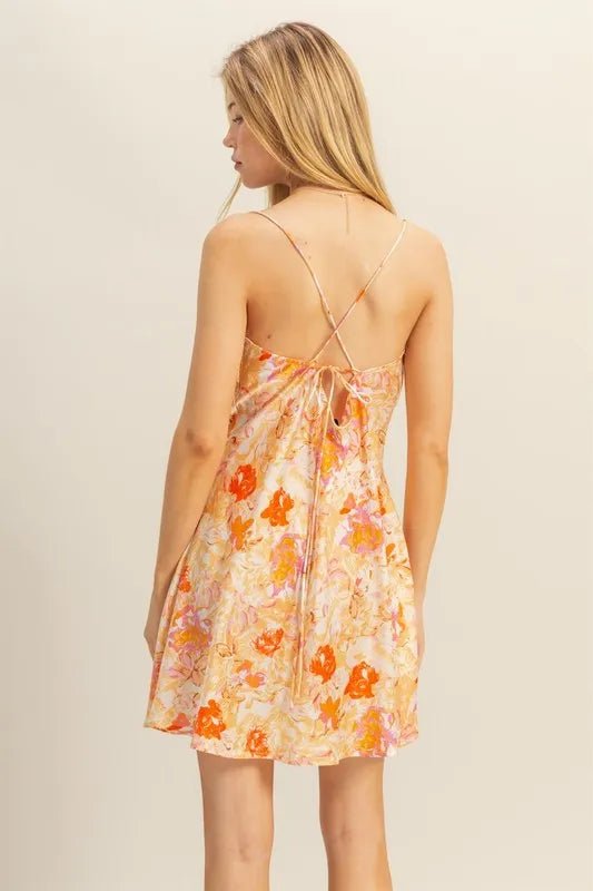 Floral Cowl Neck Flirty Satin Mini Dress - AMVIM