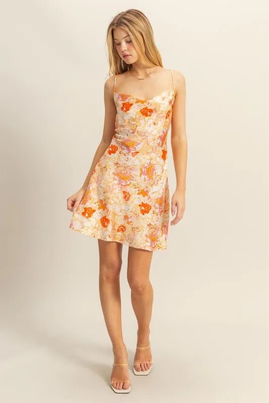 Floral Cowl Neck Flirty Satin Mini Dress - AMVIM