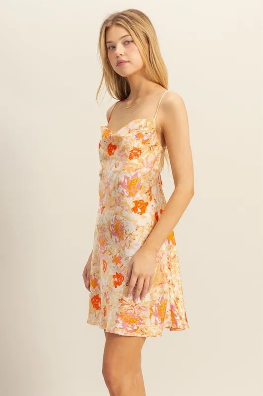 Floral Cowl Neck Flirty Satin Mini Dress - AMVIM