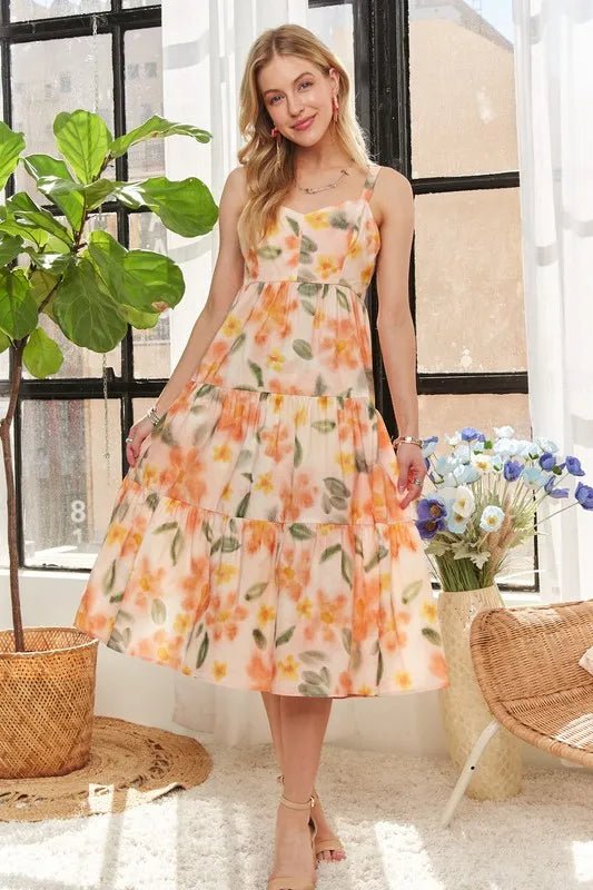 Floral Midi Dress with Smocked Back and Adjustable Straps - AMVIM