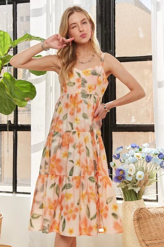 Floral Midi Dress with Smocked Back and Adjustable Straps - AMVIM