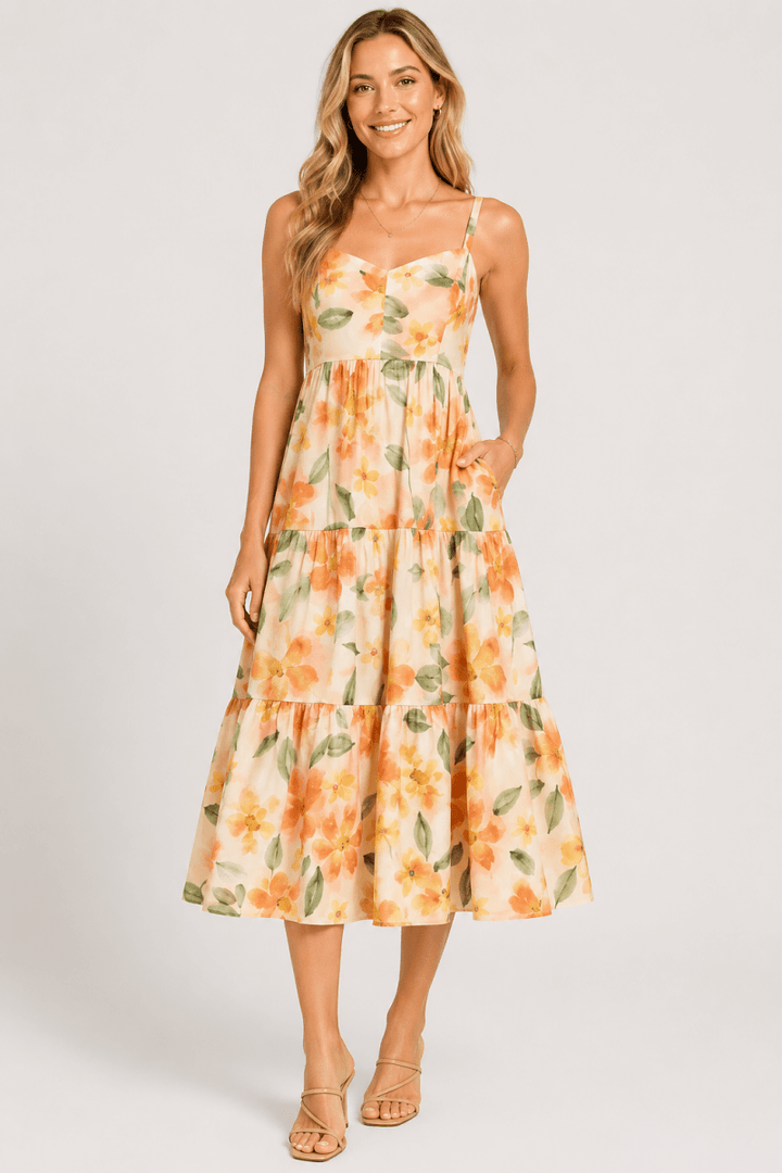Floral Midi Dress with Smocked Back and Adjustable Straps - AMVIM