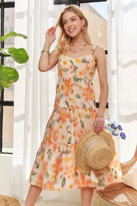 Floral Midi Dress with Smocked Back and Adjustable Straps - AMVIM