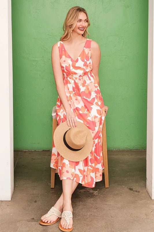 Floral Print V-Neck Midi Dress - AMVIM