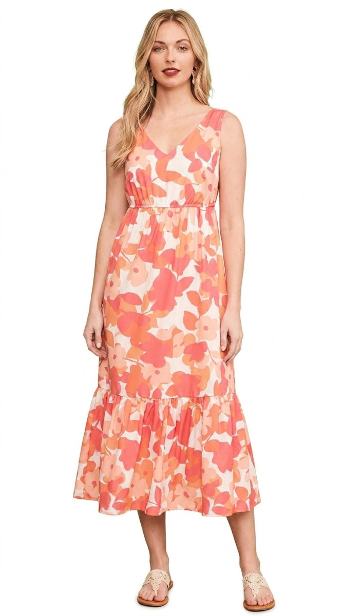 Floral Print V-Neck Midi Dress - AMVIM