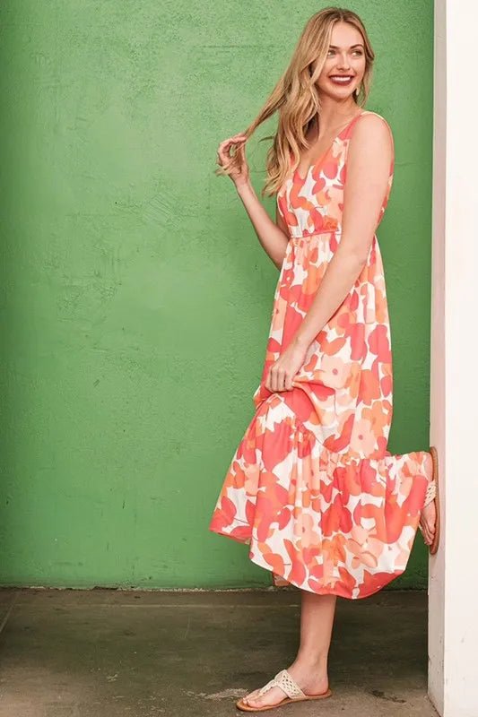Floral Print V-Neck Midi Dress - AMVIM