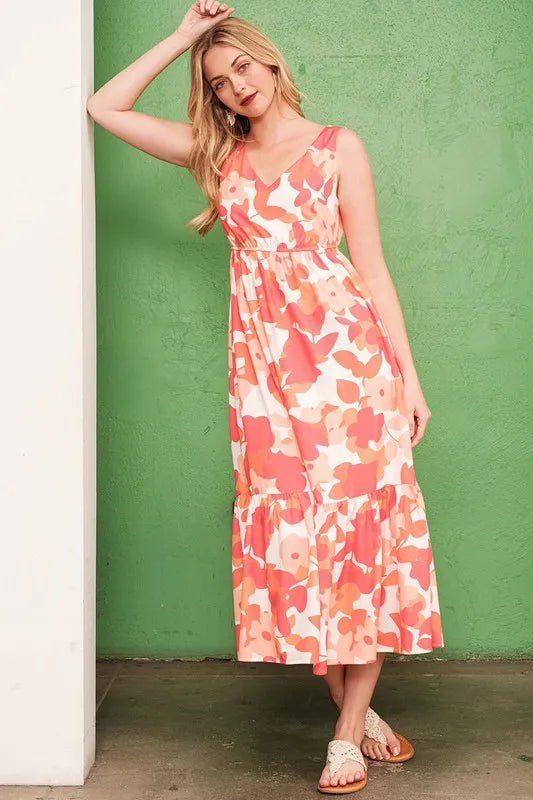 Floral Print V-Neck Midi Dress - AMVIM