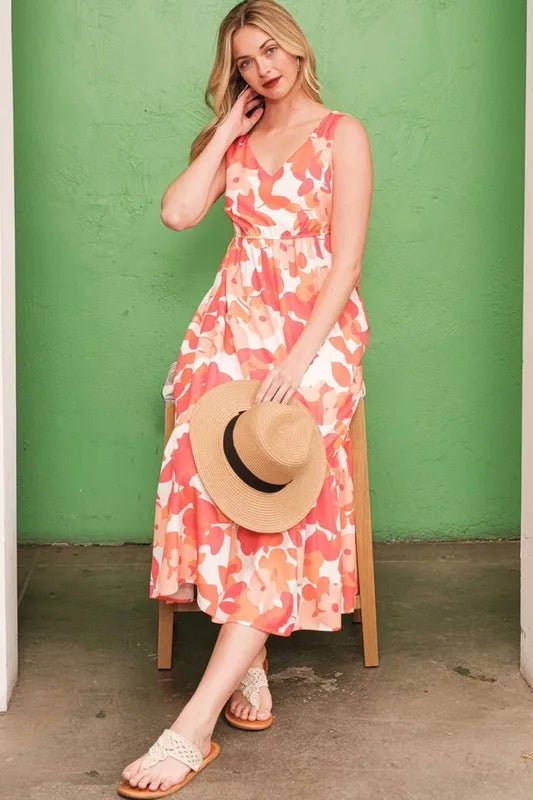 Floral Print V-Neck Midi Dress - AMVIM