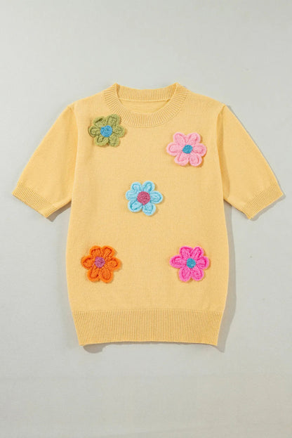 Flower Round Neck Short Sleeve Sweater - AMVIM