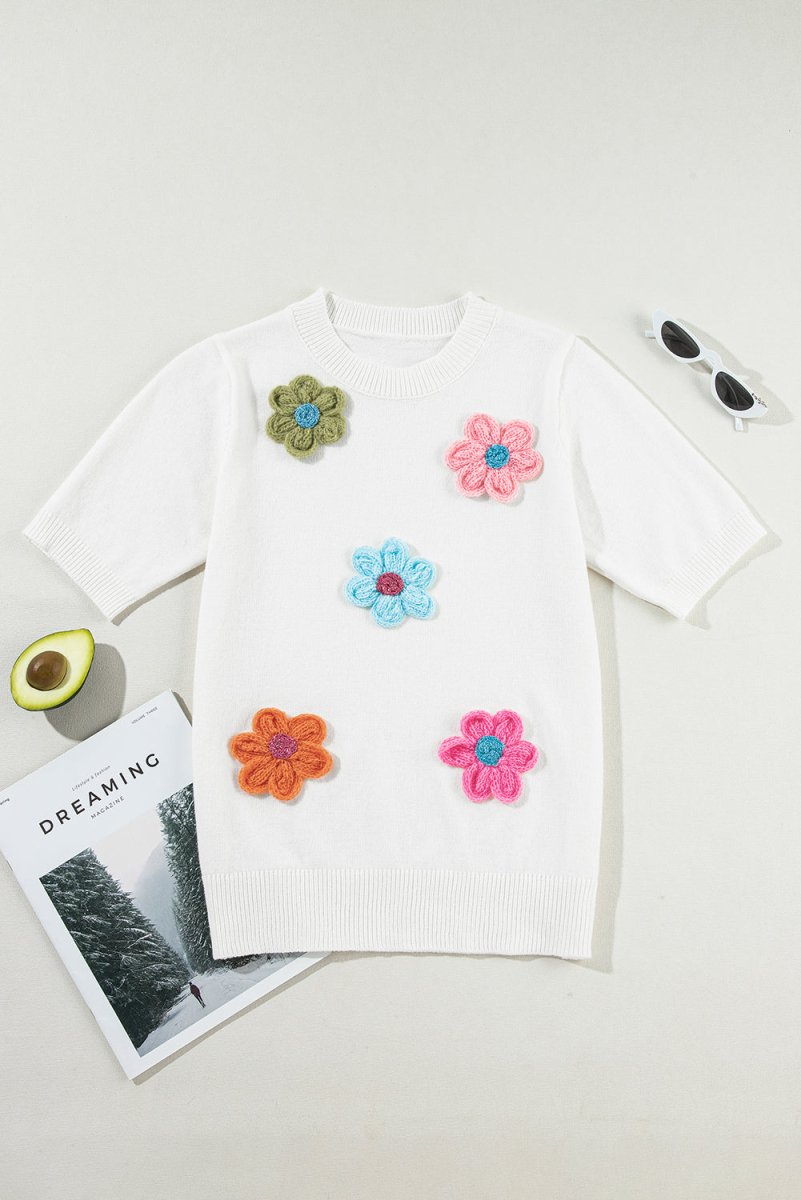 Flower Round Neck Short Sleeve Sweater - AMVIM