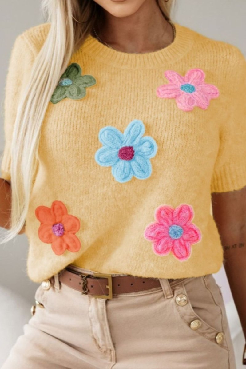 Flower Round Neck Short Sleeve Sweater - AMVIM