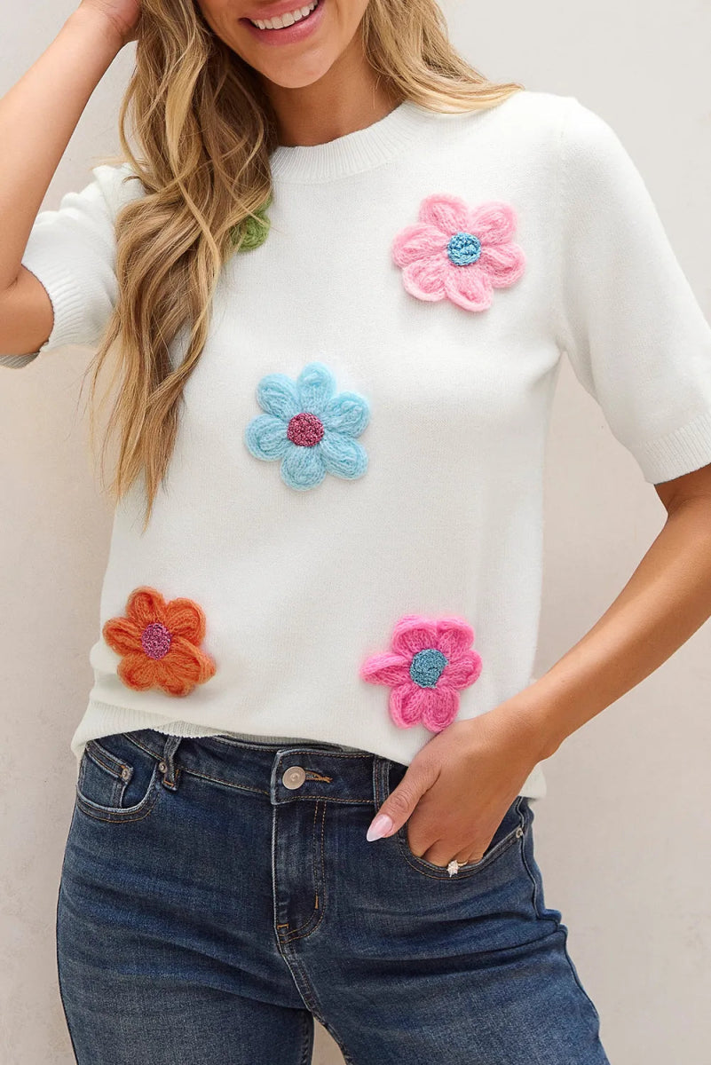 Flower Round Neck Short Sleeve Sweater - AMVIM