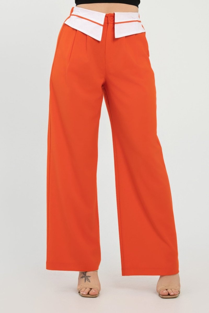 Fold - Over Khaki Polyester Wide - Leg Pants - AMVIM