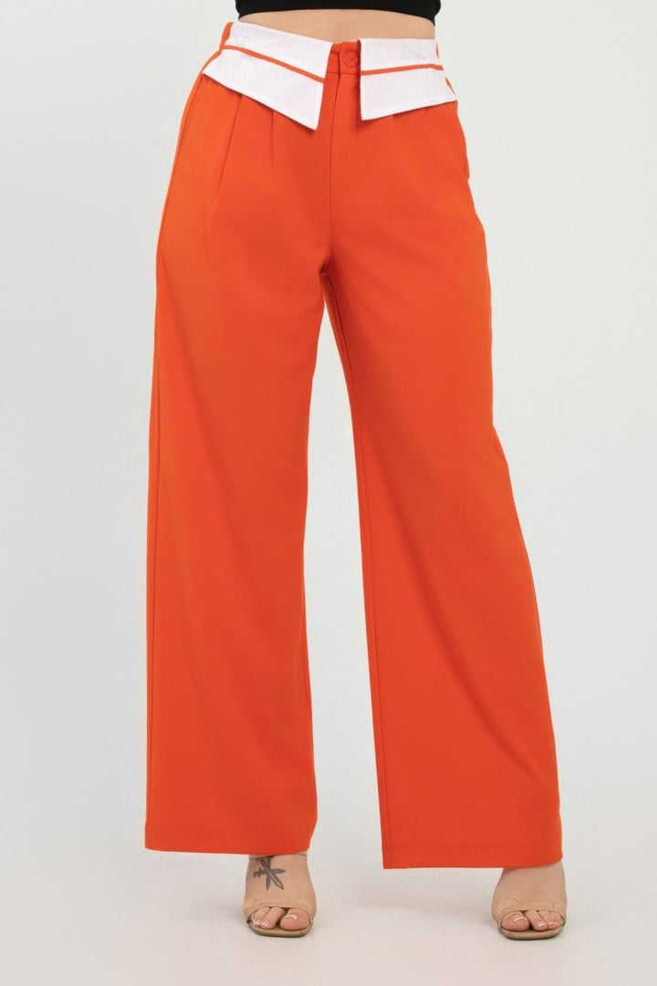 Fold - Over Khaki Polyester Wide - Leg Pants - AMVIM