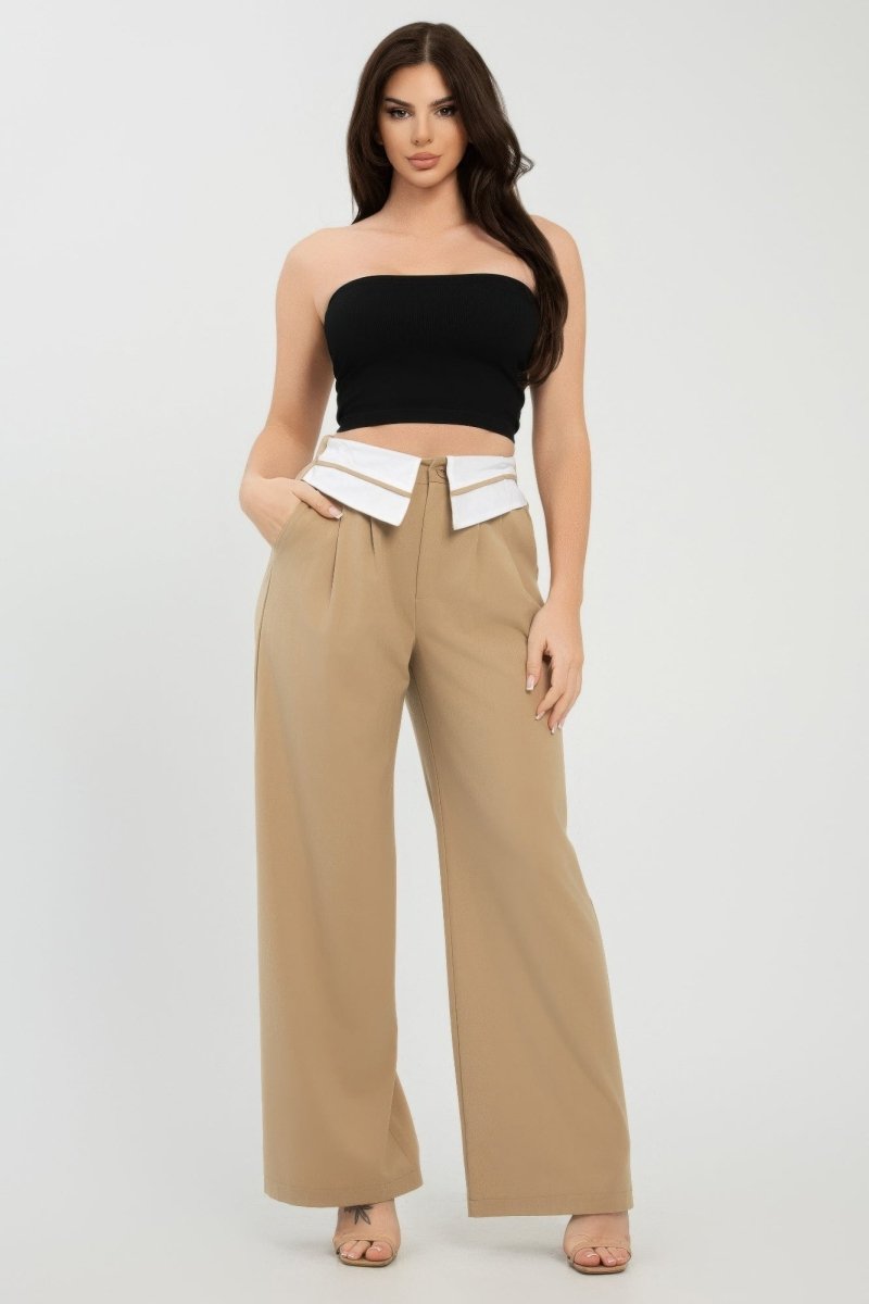 Fold - Over Khaki Polyester Wide - Leg Pants - AMVIM