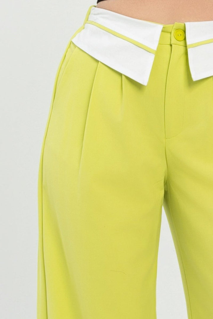 Fold - Over Khaki Polyester Wide - Leg Pants - AMVIM