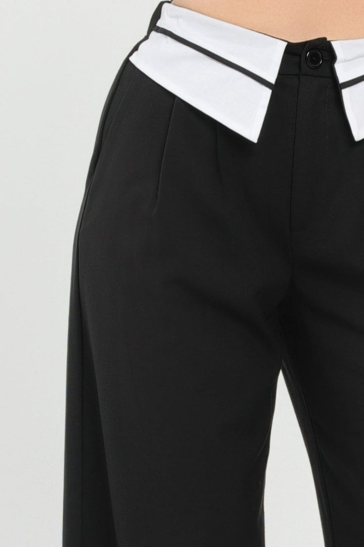 Fold - Over Khaki Polyester Wide - Leg Pants - AMVIM