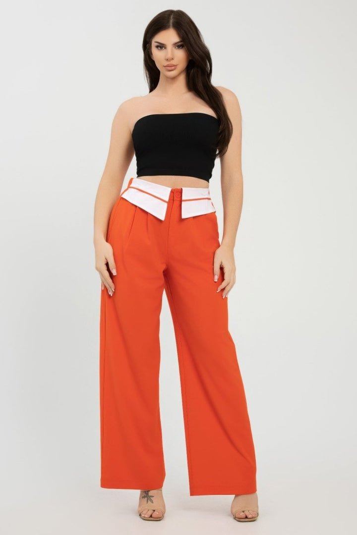 Fold - Over Khaki Polyester Wide - Leg Pants - AMVIM