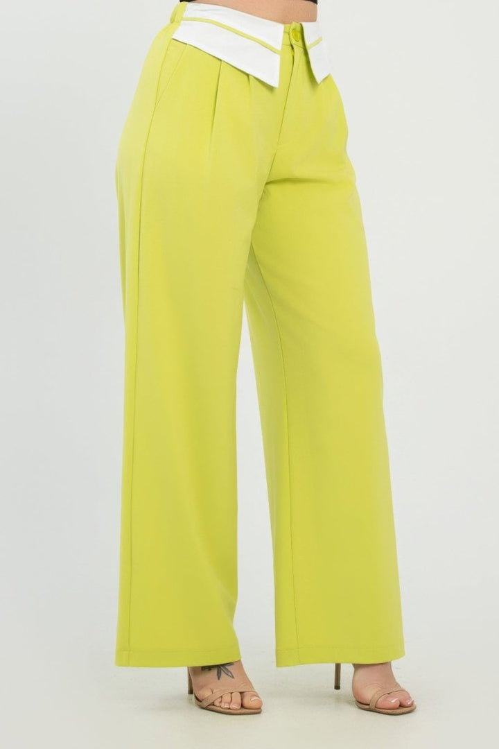 Fold - Over Khaki Polyester Wide - Leg Pants - AMVIM